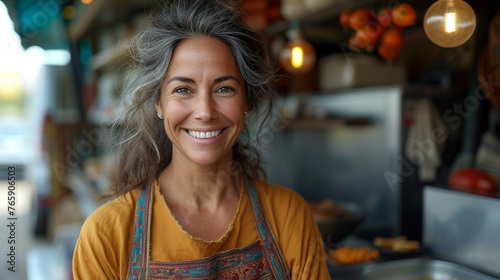 portrait of a happy middle aged female street vendor smiling in front of her food truck