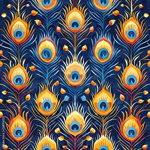 seamless pattern of colorful peacock tail feathers on blue background