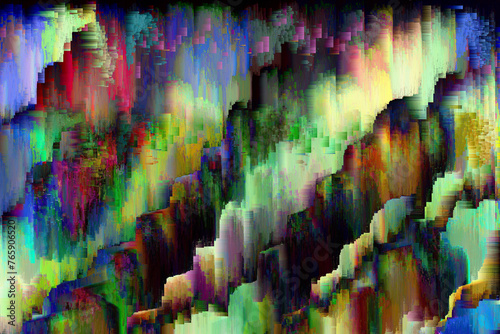 A dark grungy glitch abstract artwork in multicolor
