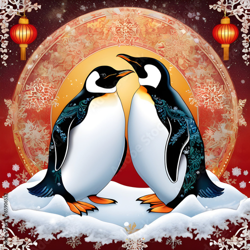 Two penguins, dressed impeccably in wedding attire, stand proudly on top of a snow-frosted igloo on their special Lunar New Year. The scene is like something out of a dream, with fantasy-conjured line photo
