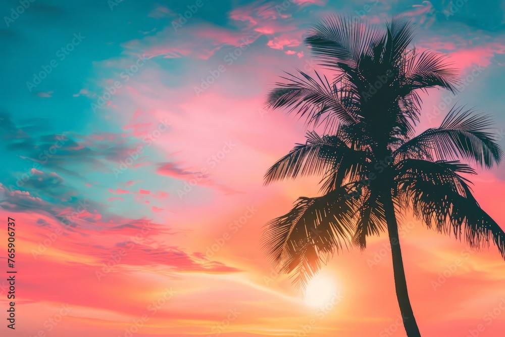 A palm tree stands tall, outlined in a crisp silhouette, as it contrasts beautifully against a vibrant and colorful sunset sky