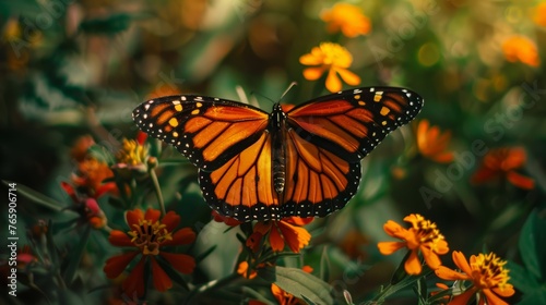 Monarch butterfly on orange flowers. Macro photography of vibrant butterfly in a garden, spring and ecology concept. © ANStudio