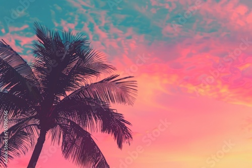 A tall palm tree stands against a backdrop of a pink and blue sky