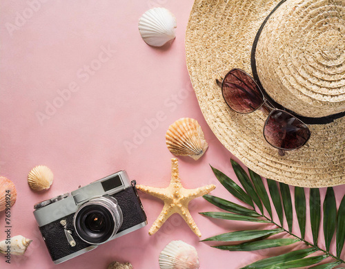 Top view summer beach concept. Straw hat  sunglasses and camera on a pink background. Summer trip border frame with copy space