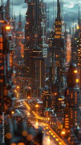 Digital rendering of a high-tech city with illuminated buildings and futuristic architecture.