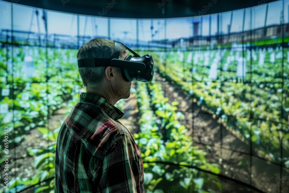 A man experiencing a virtual reality simulation of a lush, green agricultural environment, potentially exploring modern farming techniques or engaging in educational content.