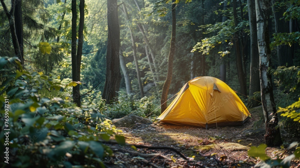 Tourists camping tent in summer forest