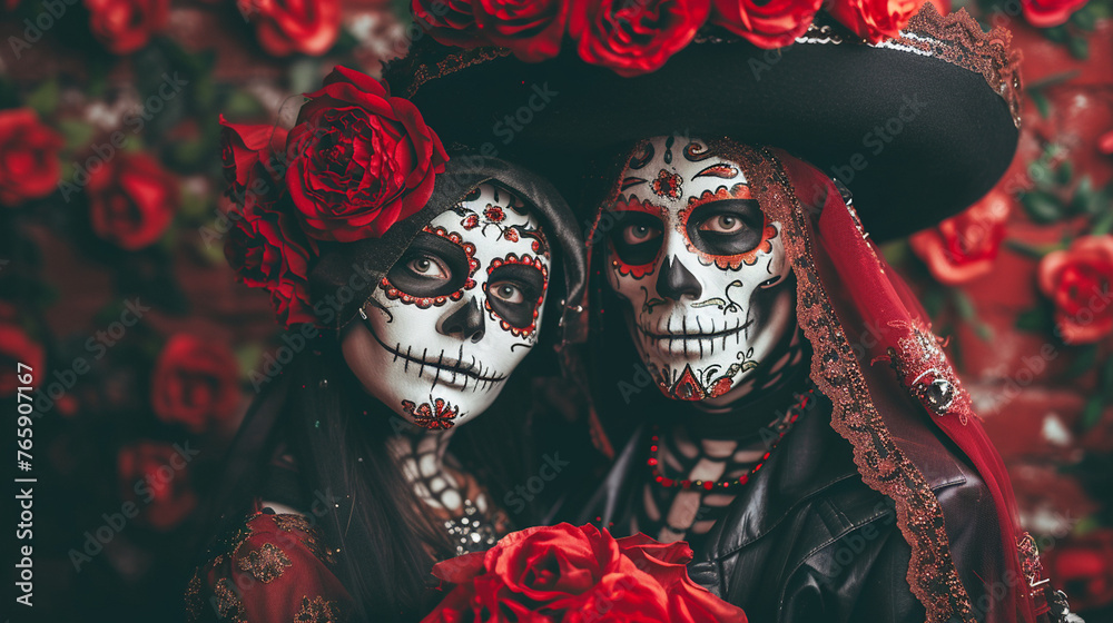 Naklejka premium portrait of a couple dressed as La Calavera Catrina to honor the dead in Mexico