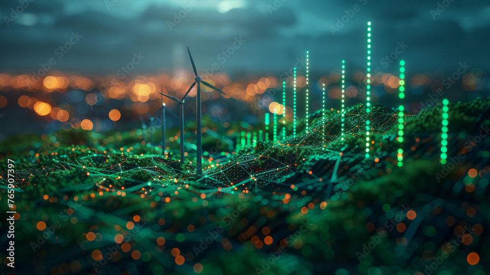 Stock market graphs and economic data visualized with icons of solar panels and wind turbines, uprising green stockmarket graph, green symbols,generative ai - obrazy, fototapety, plakaty 