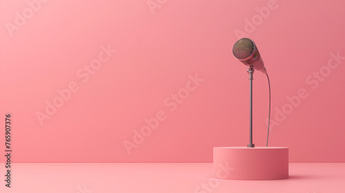 Micrófono en pedestal sobre fondo rosa photo