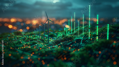 Stock market graphs and economic data visualized with icons of solar panels and wind turbines, uprising green stockmarket graph, green symbols,generative ai photo