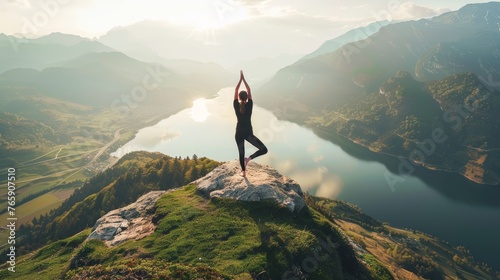 Person practicing yoga at sunrise on a mountain peak overlooking a reflective lake