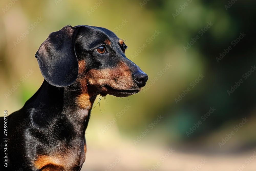 A proud Dachshund standing tall, with a copy space on the left side of the picture for additional text. A proud Dachshund standing tall, with a copy space on the left side of the picture for additional text.