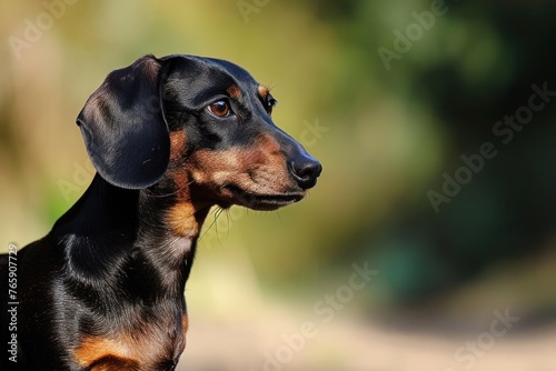 A proud Dachshund standing tall, with a copy space on the left side of the picture for additional text. © Anna