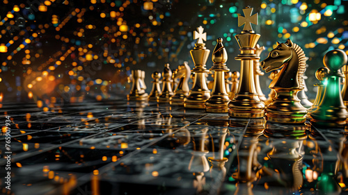 Captivating chessboard imagery blends tradition and innovation, reflecting market dynamics in gold and green hues.generative ai