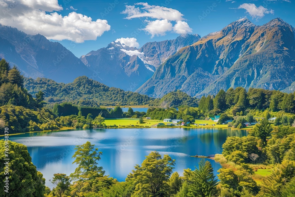 Beautiful scenery landscape of the Matheson Lake Fox Glacier town Southern Alps Mountain Valleys New Zealand