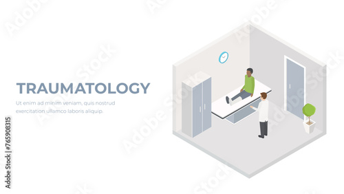 Wallpaper Mural Orthopedic isometric illustration with doctor in workplace examining patient with broken leg vector illustration. Traumatology concept. Torontodigital.ca