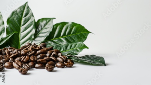Coffee beans scattered near fresh green leaves on a white background