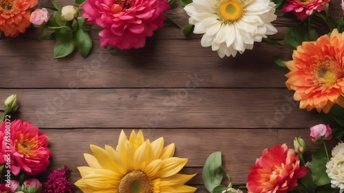 wooden background with flowers with empty space for greeting message.  Love and greeting concept design. AI generated image, ai