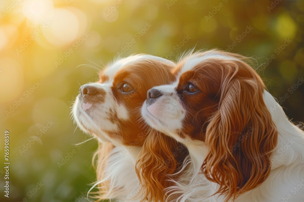 A pair of Cavalier King Charles Spaniels basking in the sunshine, their bond evident as they share a tender moment of companionship,