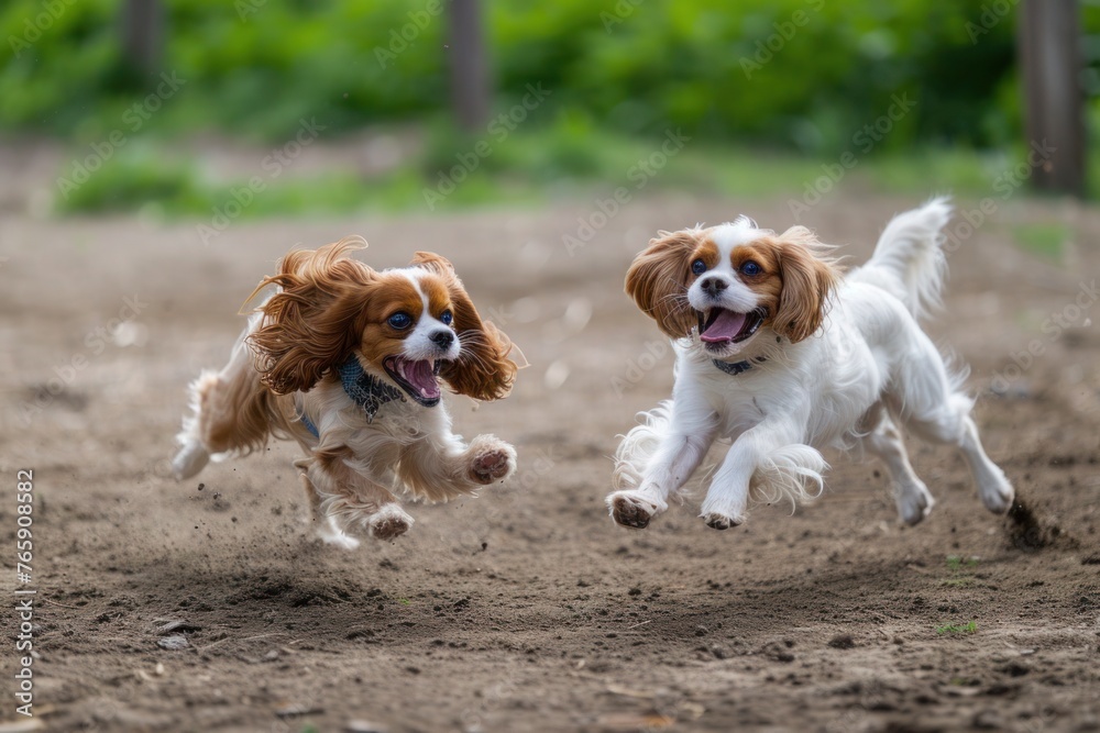 A pair of Cavalier King Charles Spaniels engaged in a friendly game of fetch, their boundless energy bringing smiles to the faces of all who watch, A pair of Cavalier King Charles Spaniels engaged in a friendly game of fetch, their boundless energy bringing smiles to the faces of all who watch,