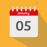 January 5th Calendar Icon with Yellow Background with Shadow and Red Border