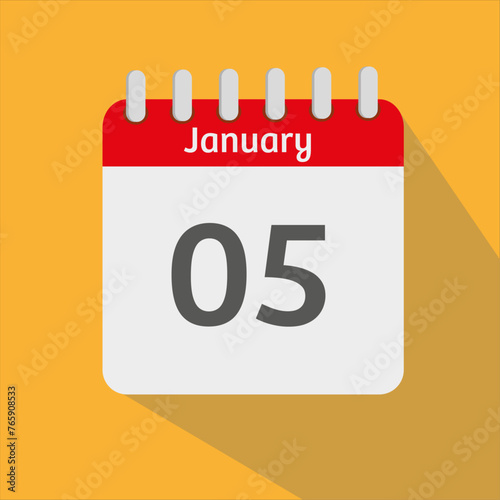 January 5th Calendar Icon with Yellow Background with Shadow and Red Border