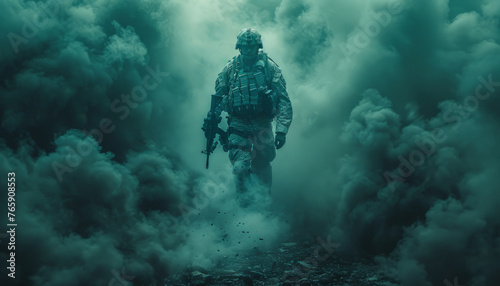 military soldier walking holding M4. Green steam on M4 gun.generative ai photo