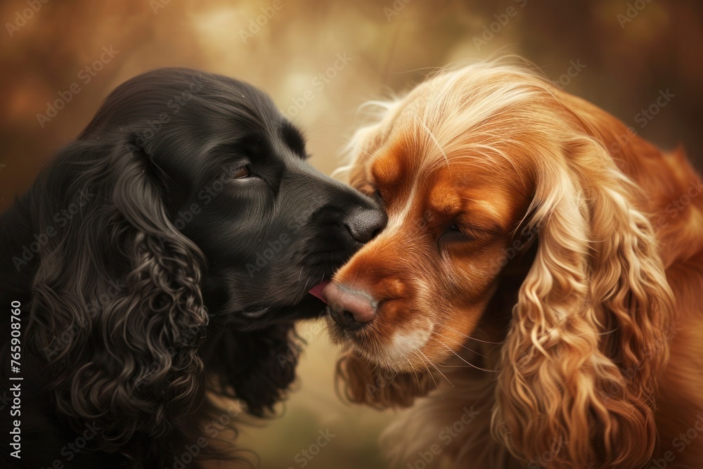 A pair of English Cocker Spaniels sharing a tender moment, their affectionate nuzzles and gentle demeanor epitomizing the breed's loving nature,