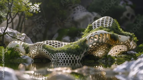 Organic architectural structure with moss and circular openings near a reflective water surface in a forest environment. photo