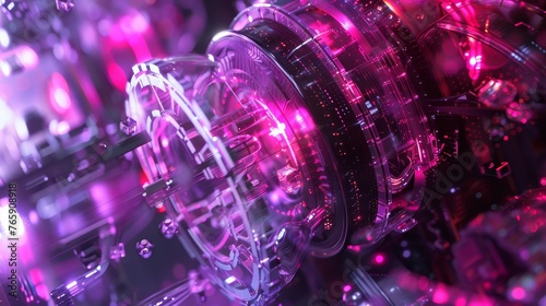 Futuristic circular machinery with pink and purple neon lights. Science fiction and advanced technology concept
