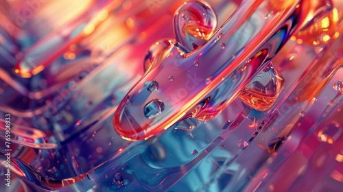 Vibrant abstract fluid shapes with reflections and bokeh lights. 3D render of dynamic movement.