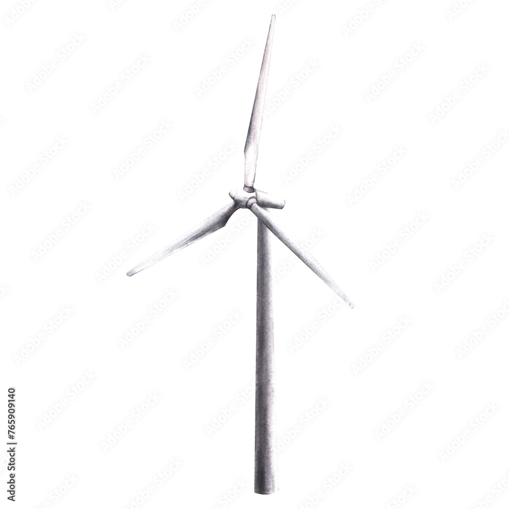 Watercolor eco wind turbine, windmills. Hand drawn illustration. For ...