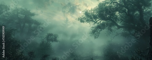 Early morning scene with tranquil, mystical fog, dew-covered foliage, soft focus, and serene beauty.