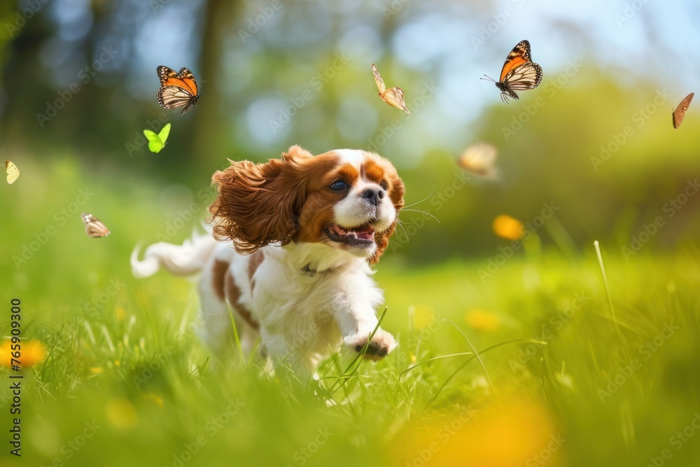 A playful Cavalier King Charles Spaniel chasing butterflies in a meadow, its joyful spirit infectious to all who witness its antics,