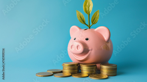 Fototapeta Naklejka Na Ścianę i Meble -  smiling pink pig piggy bank with a green plant growing out of it and stacks of gold coins isolated on a blue background investing success savings concept