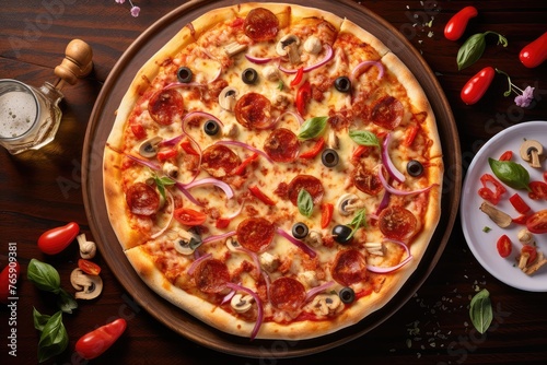 pizza with salami and tomatoes flatlay topview 