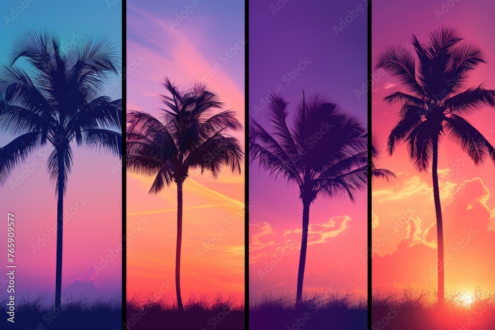 Tropical Palm Silhouettes Against Vivid Sunset Skies