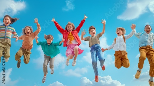 Group of kids joyfully jumping in the air