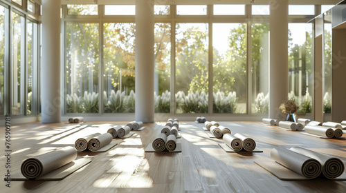Tranquil Yoga Studio with Rolled Mats and Abundant Natural Light photo