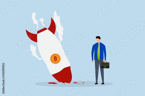Bitcoin price collapse, sad bankrupt businessman falling into a rocket with bitcoin symbol.