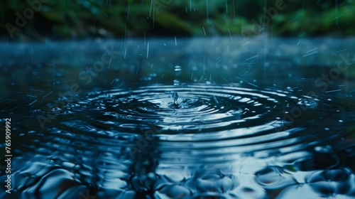 Raindrops splashing on a pond, close-up, circular ripples expanding, peaceful natural setting, reflection of sky © Fokasu Art