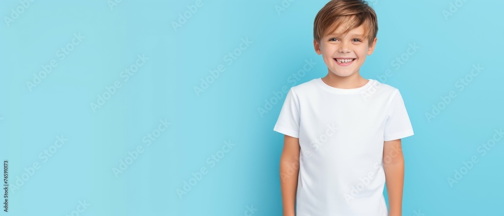 Young Boy Standing Before Blue Background Young Boy Standing Before Blue Background