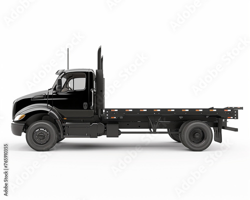 A black truck with an open cabin and flat bed, side view, on a pure white background, in a minimalist style, with a simple design, lit by studio lighting and natural light, with a hyperrealistic rende
