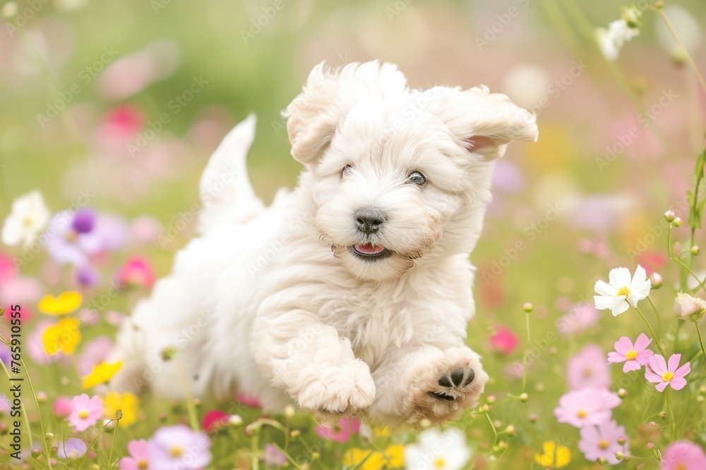 A playful Kuvasz-Hungarian Puli puppy frolicking in a field of flowers, with room for text on the bottom right corner of the picture.