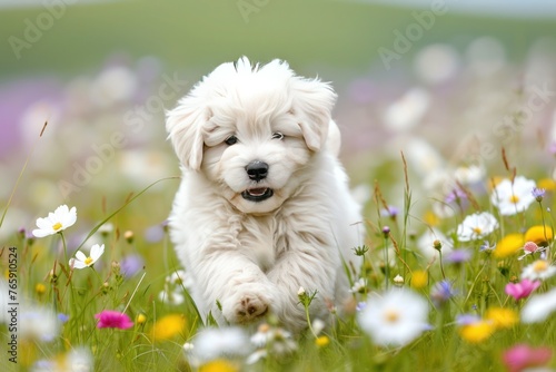 A playful Kuvasz-Hungarian Puli puppy frolicking in a field of flowers  with room for text on the bottom right corner of the picture.