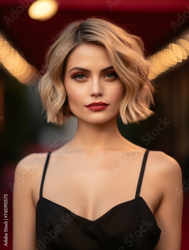 Woman in Black Dress With Red Lip