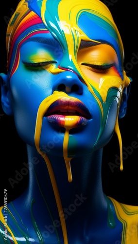 Womans Face Painted in Blue and Yellow