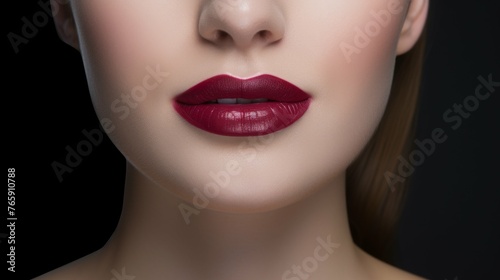 Womans Face With Red Lipstick on Black Background