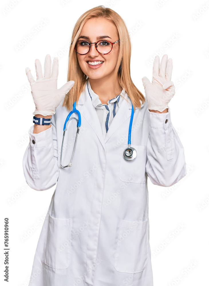 Beautiful caucasian woman wearing doctor uniform and stethoscope showing and pointing up with fingers number nine while smiling confident and happy.